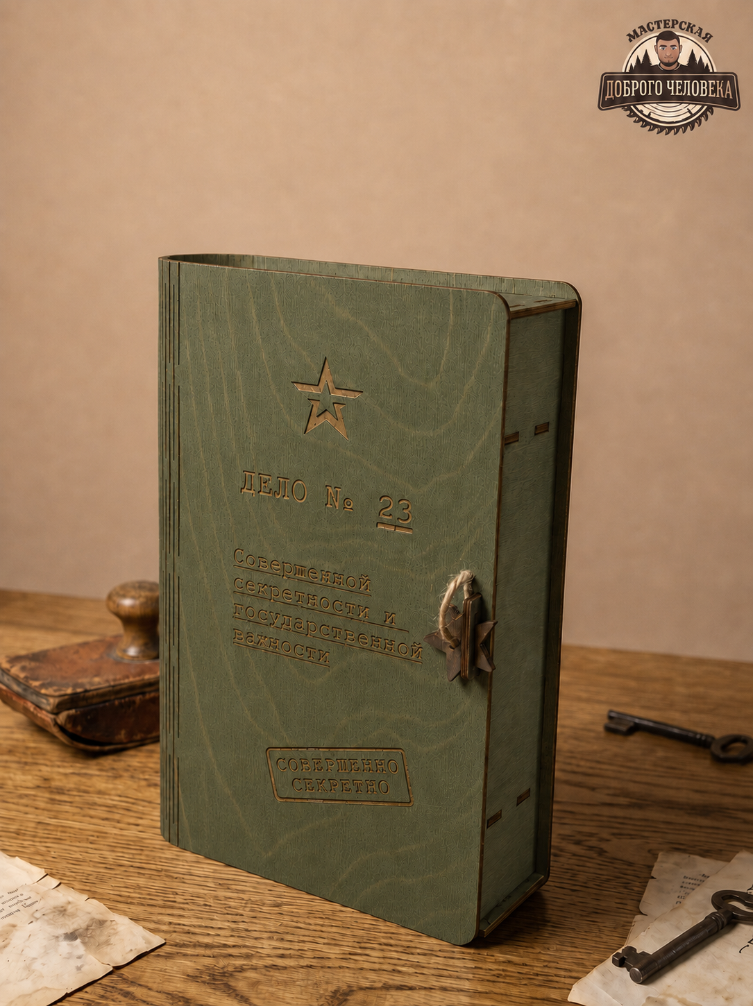 Закрытая зелёная коробка «Совершенно секретно», правый ракурс